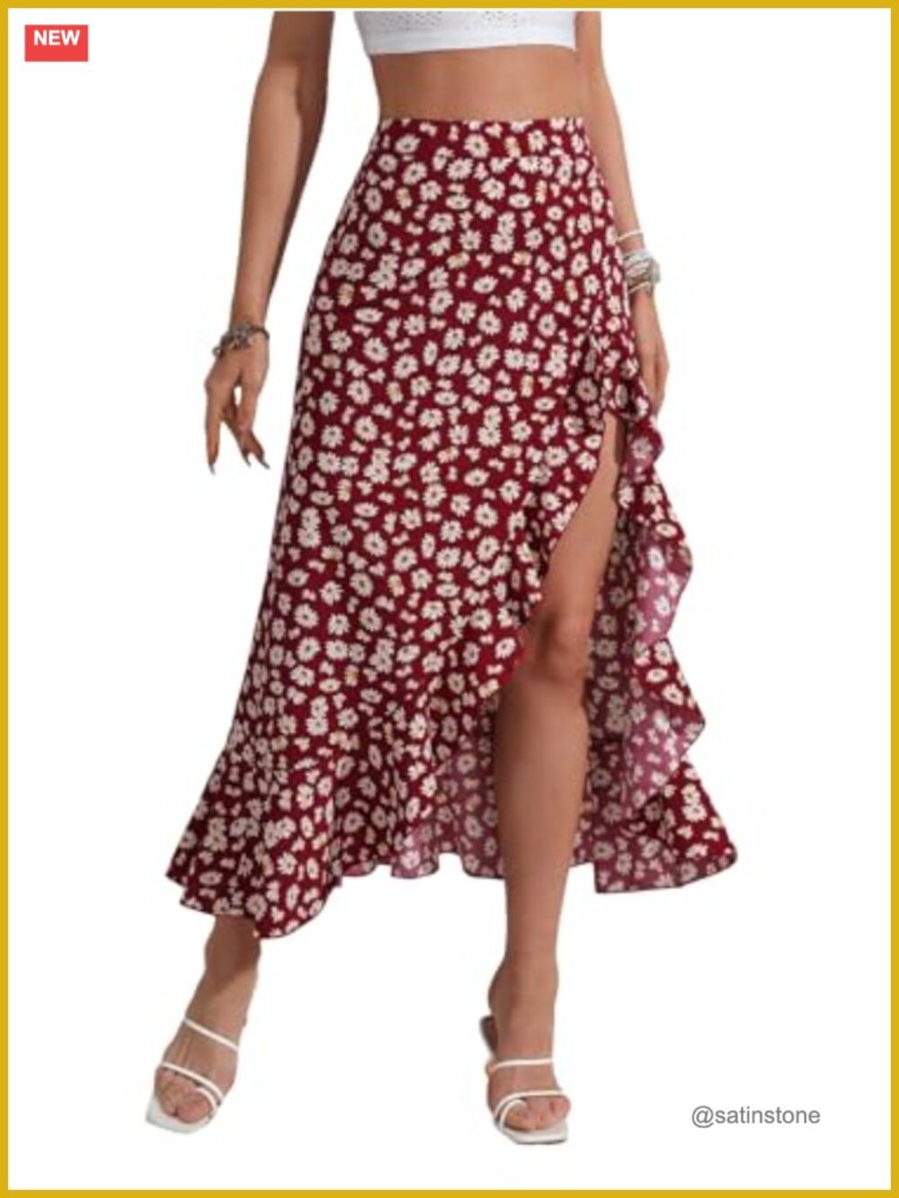 Boho Floral High Waist Ruffle Hem Slit A-Line Midi Skirt
